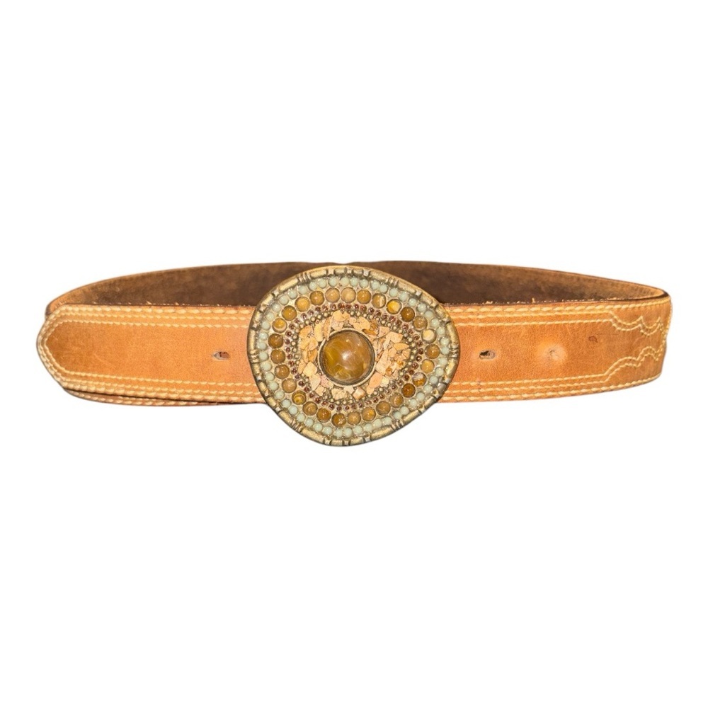 Justin leather embellished w/stud/embroidery belt w/vintage custom buckle. AA